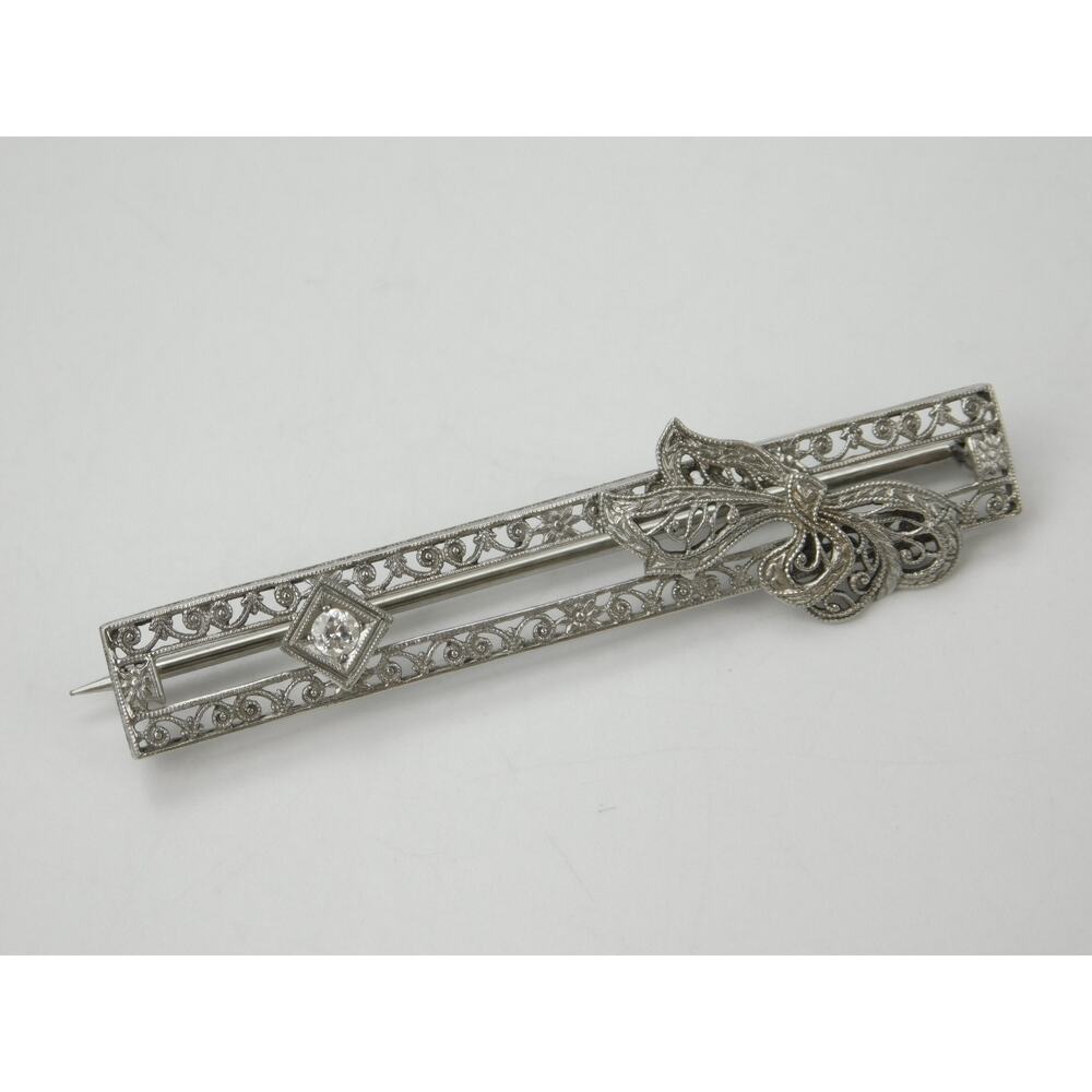 Antique 14k White Gold Filigree/Diamond Brooch Bar Pin 3.7g Art Deco Bow Design